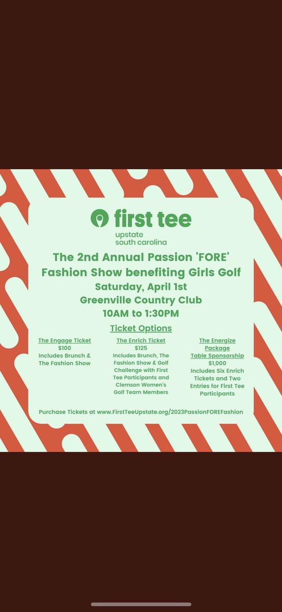 zgordon59's tweet photo. @FirstTeeUpstate is hosting their second annual fashion show benefiting Girls Golf . Join @ClemsonWGolf if you can make it on April 1st. @tigerimpactnil https://t.co/vbJe5Z5BCz