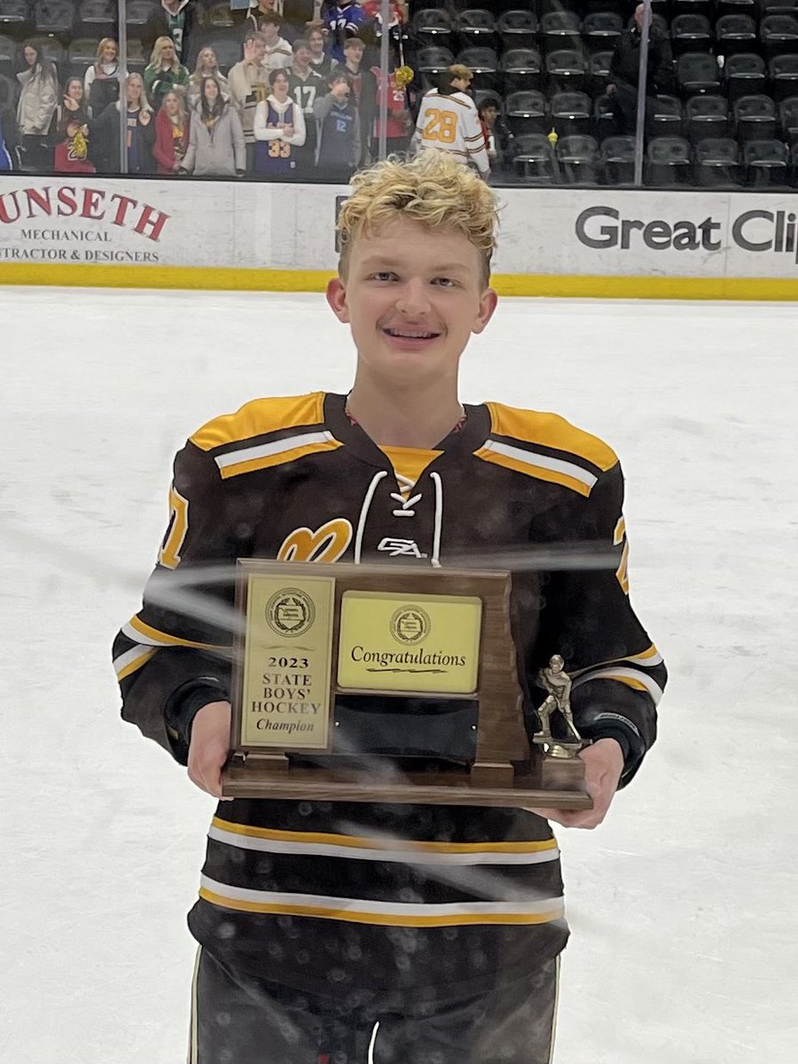 VerwestMark's tweet photo. Fargo South/Shanley Bruins 2023 State Champions! Good job boys! Proud of you Jake! @JakeVerwest2 💯🏒 https://t.co/QjdGFqhQqC