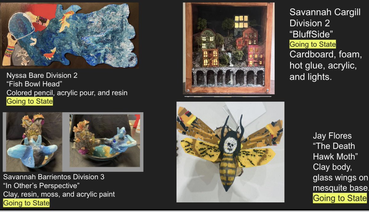 CLHS has a new record breaking number of art pieces advancing to State VASE, a whopping 13 pieces. These students worked very hard and each piece is unique and creative. #comalfinearts #keeprising <a href="/comalfinearts/">Comal ISD Fine Arts</a> <a href="/cisdnews/">Comal ISD</a> <a href="/canyonlakehs/">CanyonLakeHS_Hawks</a> <a href="/CLHSPrincipal/">Mark Oberholtzer</a> <a href="/MandyEpley/">Mandy Epley</a>
