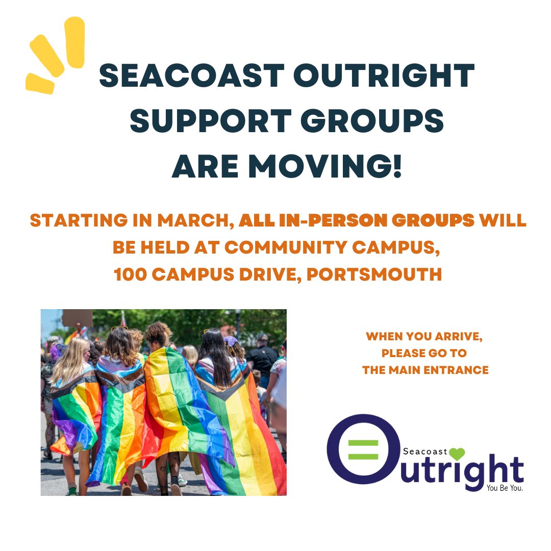 Starting in March, all of our support groups (Teen and Caregiver) will be moving to Community Campus in Portsmouth. This location has a number of fun spaces that we can use and plenty of parking! 

If you have questions, please reach out to Amy: amy@seacoastoutright.org