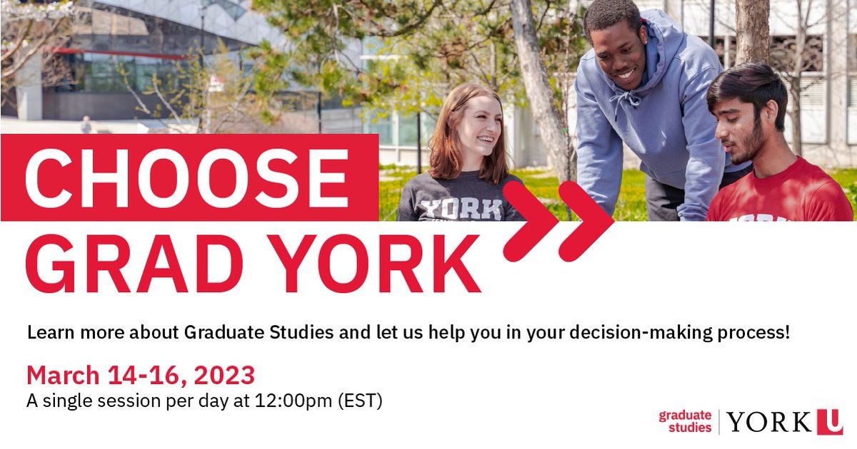 📣 📣 📣 We've got a series of webinars planned to help you CHOOSE GRAD YORK #GradStudiesYU!

March 14: Navigating A Grad Degree - Hosted by Dean Loebel
March 15: Demystifying Grad Funding
March 16: Learning about Grad School from Current Scholars

RSVP | events.yorku.ca/events/choose-…