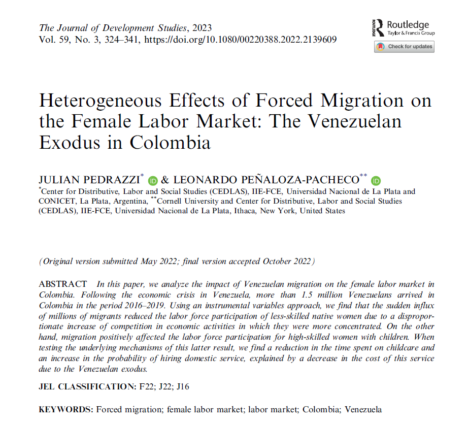 🚨 It's finally out! Our paper (with @pedrazzijp) on the effects of the Venezuelan exodus on the female labor market in Colombia is available now in the @JDevStudies. 🥳

Check it out here 👇

tandfonline.com/doi/full/10.10…