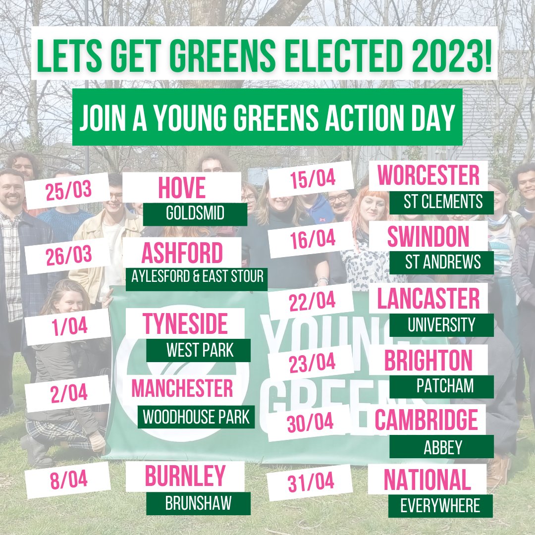 📢 Local Election Action Days!

💚 We've got 11 action days scheduled over the next two months to get more Young Greens elected. 

All welcome, whether you’ve been campaigning for years or never done it before.

🔗 Sign-up links 👉 younggreens.org.uk/local-election…

#GetGreenElected