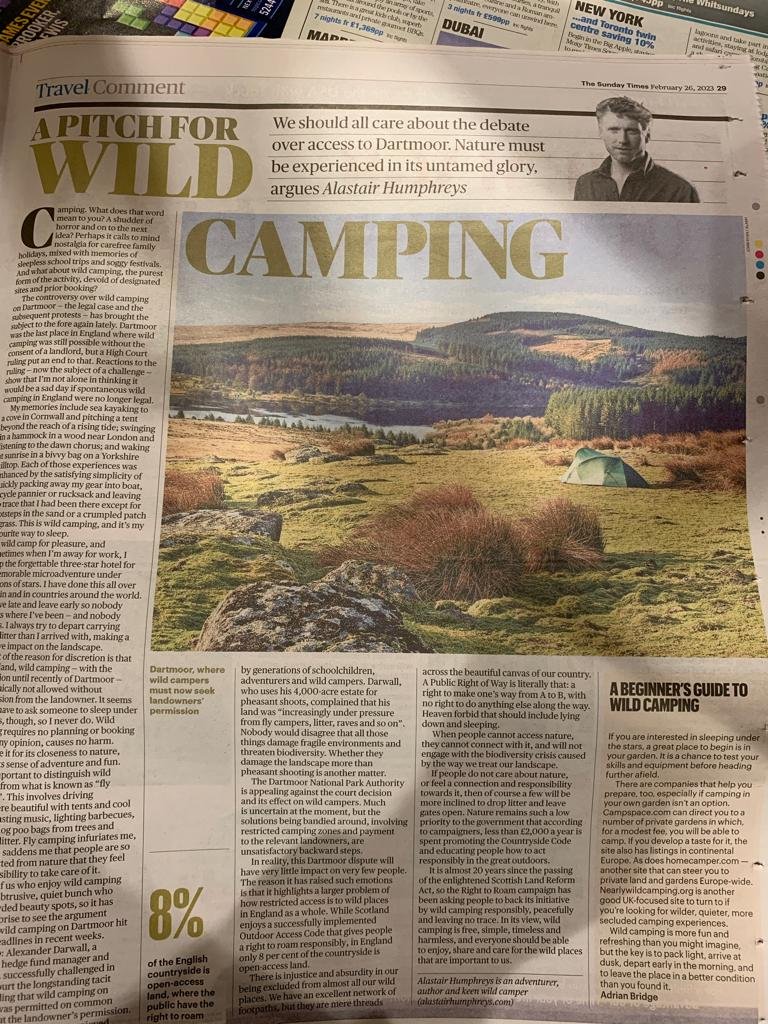 Alastair Humphreys (@al_humphreys) on Twitter photo Writing in <a href="/thetimes/">The Times and The Sunday Times</a> about the ridiculous state of affairs that is living in a country where it's not technically allowed* to wild camp anywhere!
* Ignore this. Arrive late, depart early, Leave no trace, Have fun. Writing in <a href="/thetimes/">The Times and The Sunday Times</a> about the ridiculous state of affairs that is living in a country where it's not technically allowed* to wild camp anywhere!
* Ignore this. Arrive late, depart early, Leave no trace, Have fun.