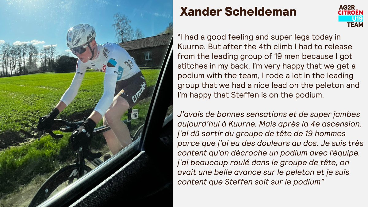 Junior 1, <a href="/Xscheldeman/">Xander Scheldeman</a> faisait ses débuts sous le maillot @AG2RCITROENU19 ce dimanche à <a href="/KuurneBxlKuurne/">KuurneBrusselKuurne</a> . Dans l'échappée principale, il a contribué aux résultats de l'équipe.
Ses réactions ci après :