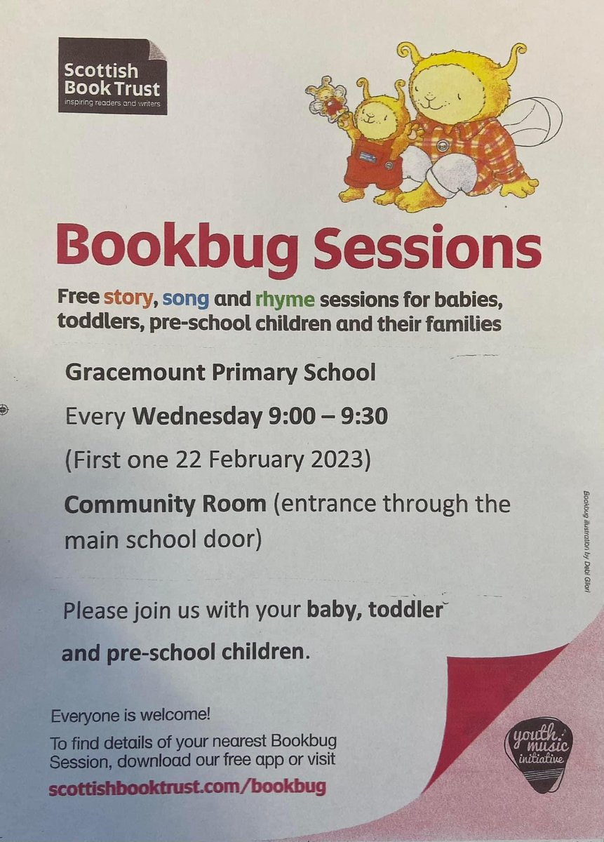 GracemountPS's tweet photo. 🎵🎵 Do you have a baby, toddler or pre-school child? We would be delighted to see you at our Bookbug session tomorrow at 9:00am. 
Come along and enjoy rhymes and songs with Ania and Cat 🎵🎵 https://t.co/Nr7FyQQT7B