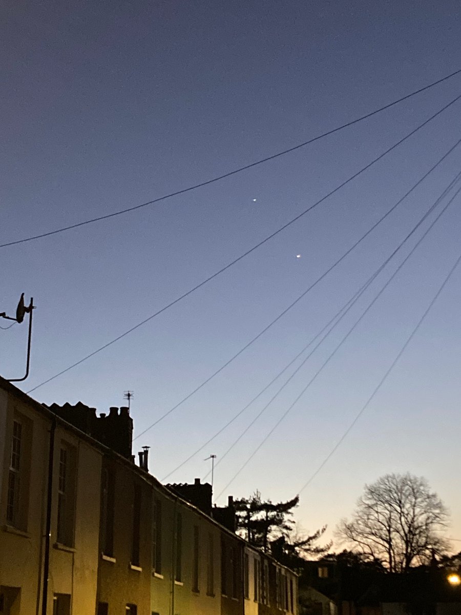 Managed to get out into the chill clear air of the late afternoon. A few songbirds still chirruping. 2 bright planets, the lower to the right, green &amp; twinkly, the upper to the left, rusty gold. Together they almost pointed at the silver-white half-moon. Thanks for such wonders.