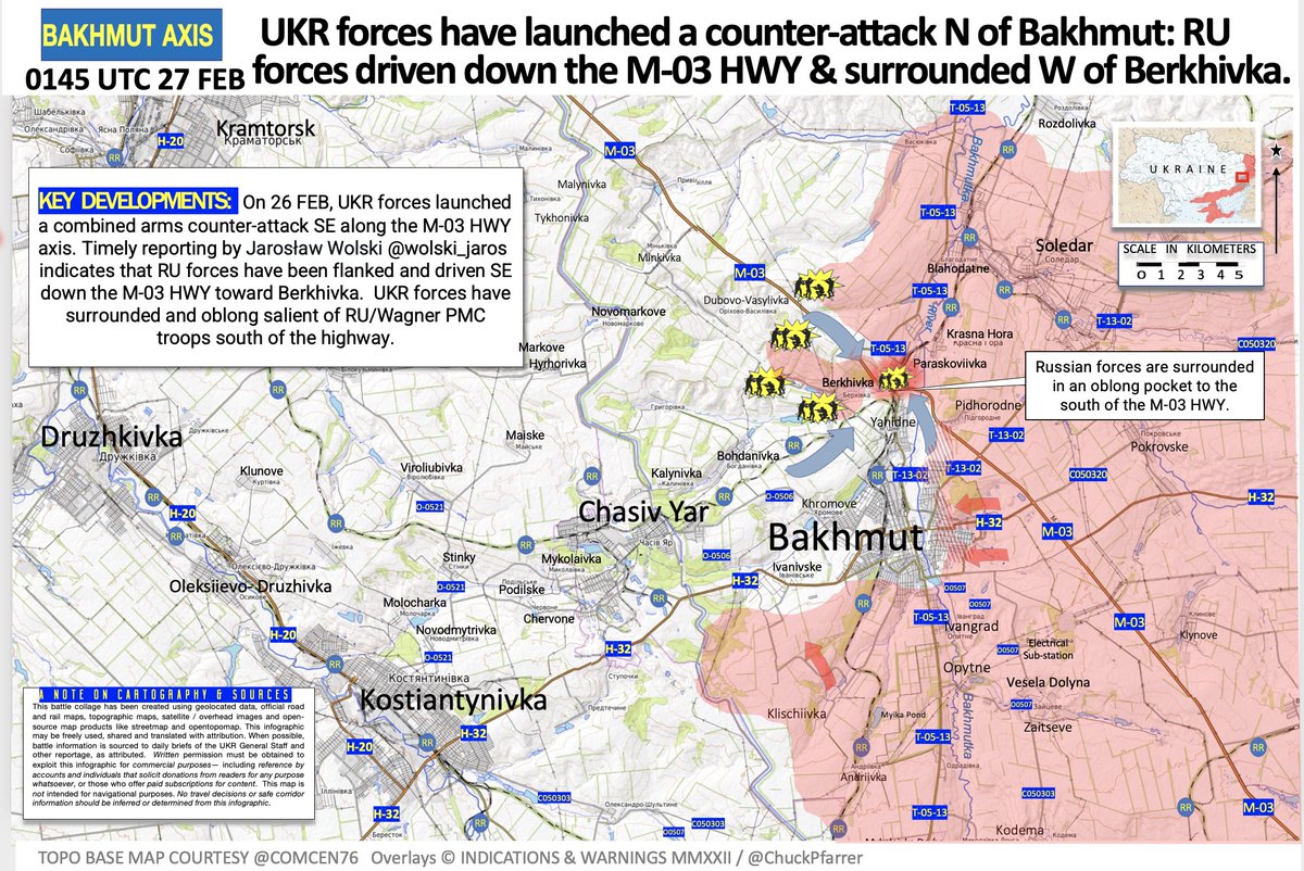 BAKHMUT /FLASH TRAFFIC/ On 26 FEB, UKR forces launched a combined arms counter-attack SE along the M-03 HWY axis. Timely reporting by Jarosław Wolski <a href="/wolski_jaros/">Jarosław Wolski</a> indicates that RU forces have been flanked and driven SE down the M-03 HWY toward Berkhivka.