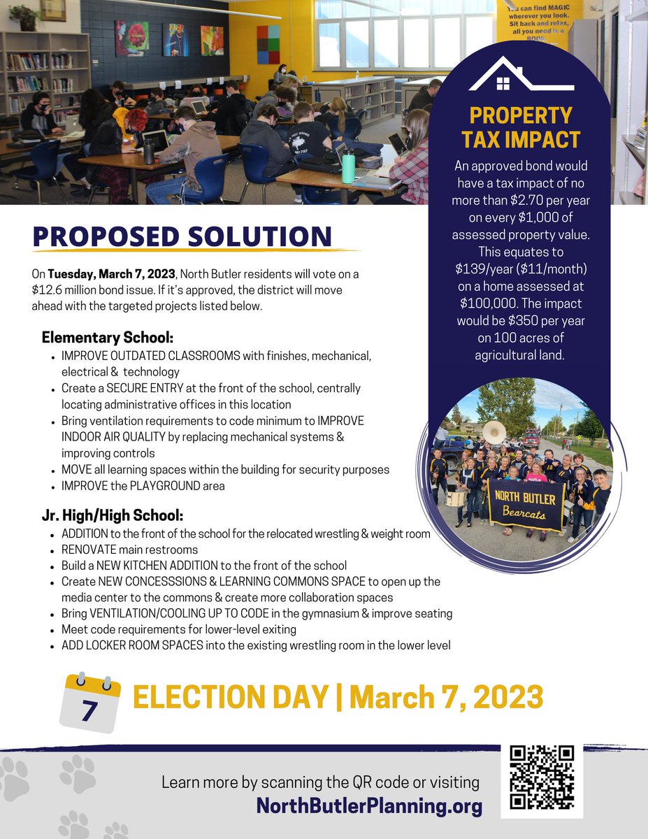 On March 7, North Butler residents will vote on a bond issue. If it’s approved, the district will move ahead on a series of facility projects at our elementary school and jr. high/high school. 

Find more information here: northbutlerplanning.org