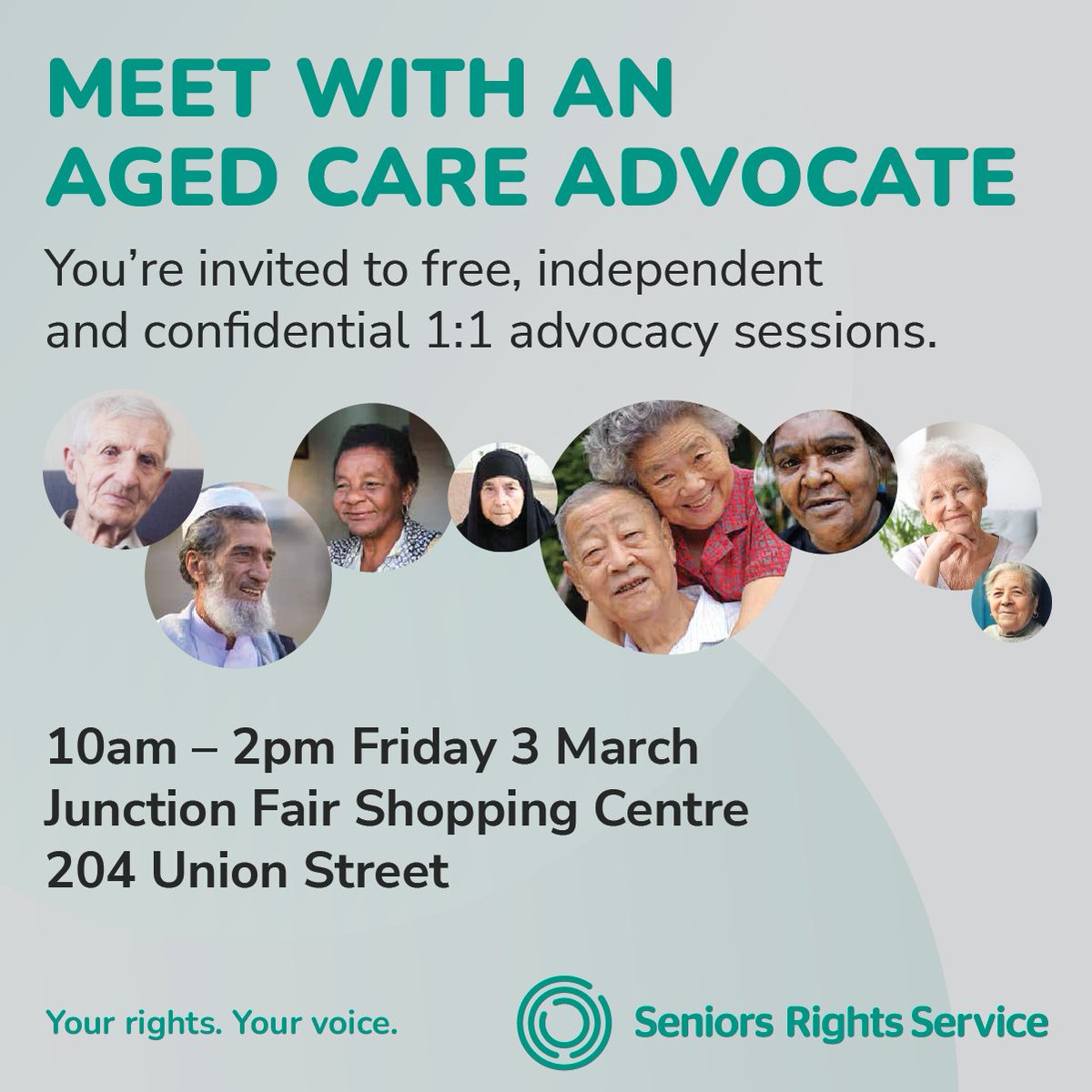 Seniors_Rights's tweet photo. Get your questions answered, join our Aged Care Advocates from 10am – 2pm Friday 3 March
Junction Fair Shopping Centre 204 Union Street https://t.co/ytPgAqaN1h