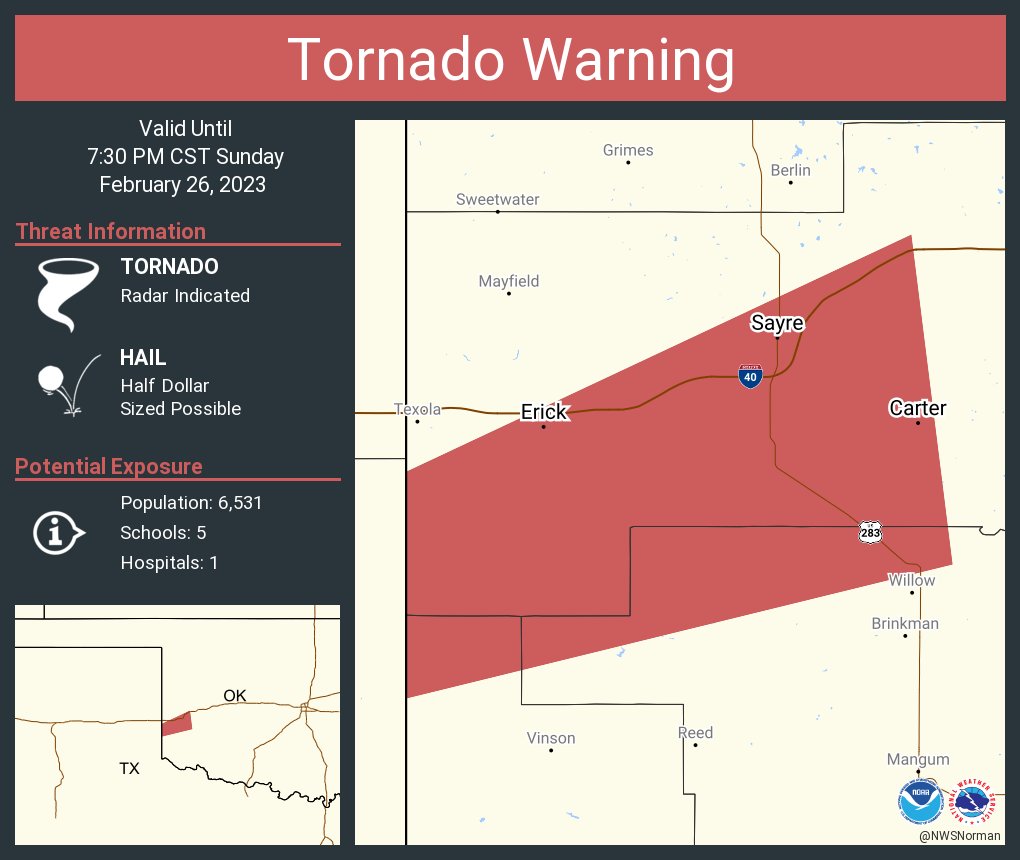 Oklahoma Tornadoes 🌪️ on Twitter "RT NWStornado Tornado Warning including Sayre OK, Erick OK