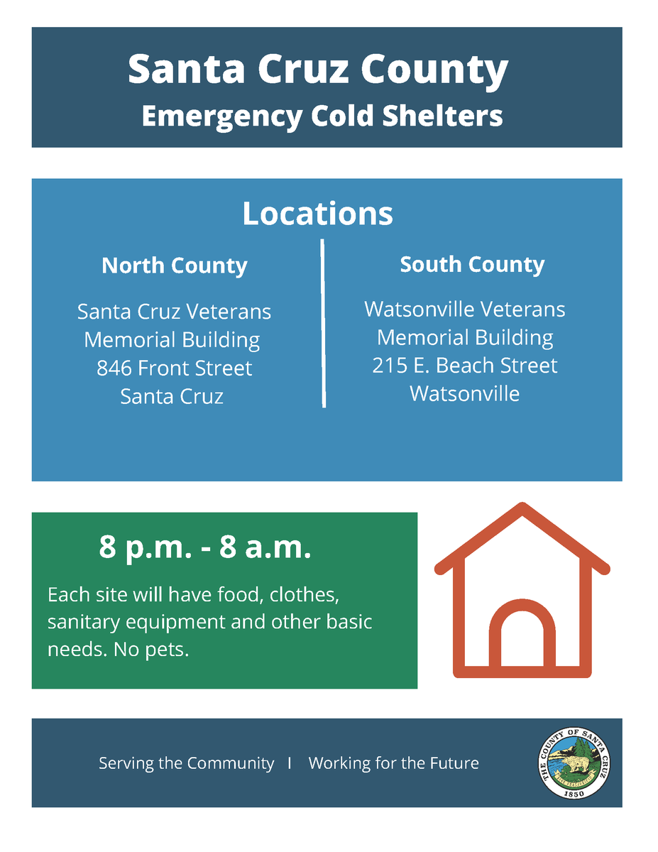 sccounty's tweet photo. Emergency cold weather shelters will remain open tonight to provide a warm and safe place to sleep for those without access to shelter. 

8 p.m.-8 a.m.

➡️ Santa Cruz Veterans Building, 846 Front St.
➡️ Watsonville Veterans Building, 215 E Beach St. https://t.co/HrzZfFMVOp