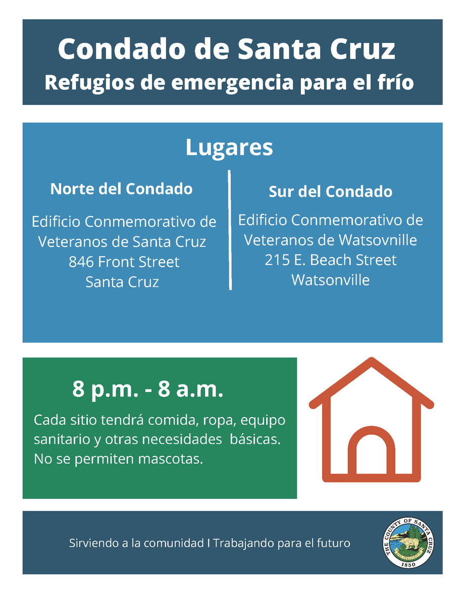 sccounty's tweet photo. Emergency cold weather shelters will remain open tonight to provide a warm and safe place to sleep for those without access to shelter. 

8 p.m.-8 a.m.

➡️ Santa Cruz Veterans Building, 846 Front St.
➡️ Watsonville Veterans Building, 215 E Beach St. https://t.co/HrzZfFMVOp