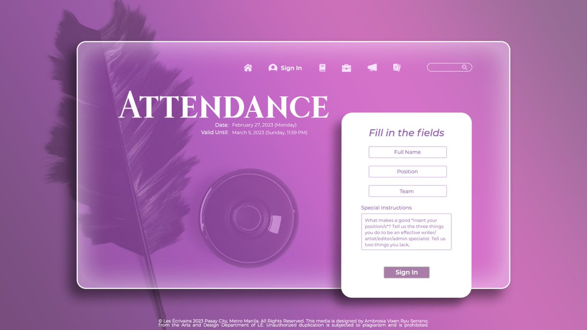 ㅤ

LES ÉCRIVAINS, the writers' guild!
23. 02. 23  —  2023 First Required Attendance
Deadline: March 5, 2023, 11:59 PM

Reply with your templated attendance below!

ㅤ