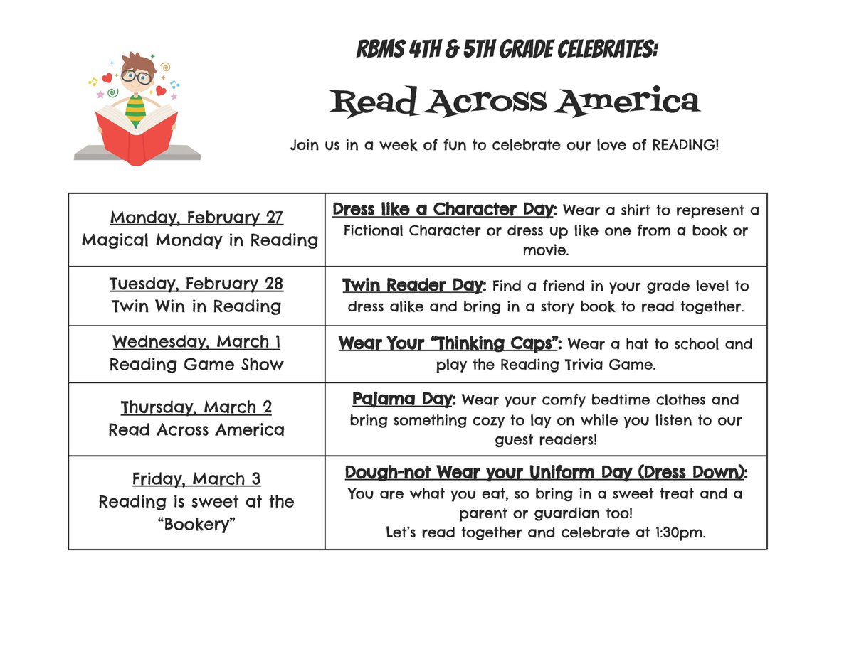 rbmsROCKETS's tweet photo. Get ready RBMS🚀it's Read Across America Week! Dress as your favorite character on Monday, 2/27📖⚡️🦸¡Celebramos la semana de lectura en la escuela intermedia! Vístase como su personaje favorito el lunes, 27 de febrero! #ReadAcrossAmerica2023 #RBBisBIA
@RedBankSup @DreamBigRB https://t.co/OCnbs5MLyL