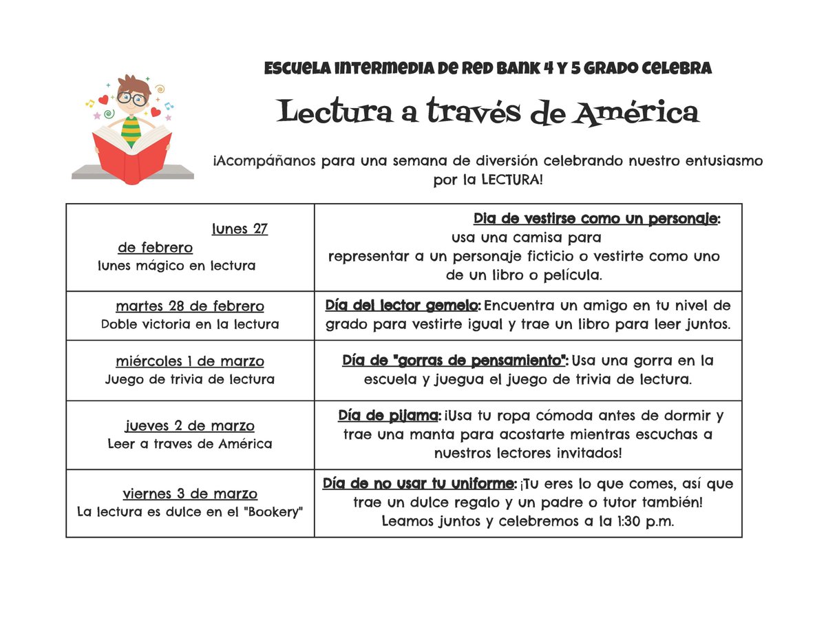 Red Bank Middle (@rbmsrockets) on Twitter photo Get ready RBMS🚀it's Read Across America Week! Dress as your favorite character on Monday, 2/27📖⚡️🦸¡Celebramos la semana de lectura en la escuela intermedia! VĂstase como su personaje favorito el lunes, 27 de febrero! #ReadAcrossAmerica2023 #RBBisBIA
<a href="/RedBankSup/">Dr. Jared Rumage</a> <a href="/DreamBigRB/">Luigi Laugelli</a> Get ready RBMS🚀it's Read Across America Week! Dress as your favorite character on Monday, 2/27📖⚡️🦸¡Celebramos la semana de lectura en la escuela intermedia! VĂstase como su personaje favorito el lunes, 27 de febrero! #ReadAcrossAmerica2023 #RBBisBIA
<a href="/RedBankSup/">Dr. Jared Rumage</a> <a href="/DreamBigRB/">Luigi Laugelli</a>