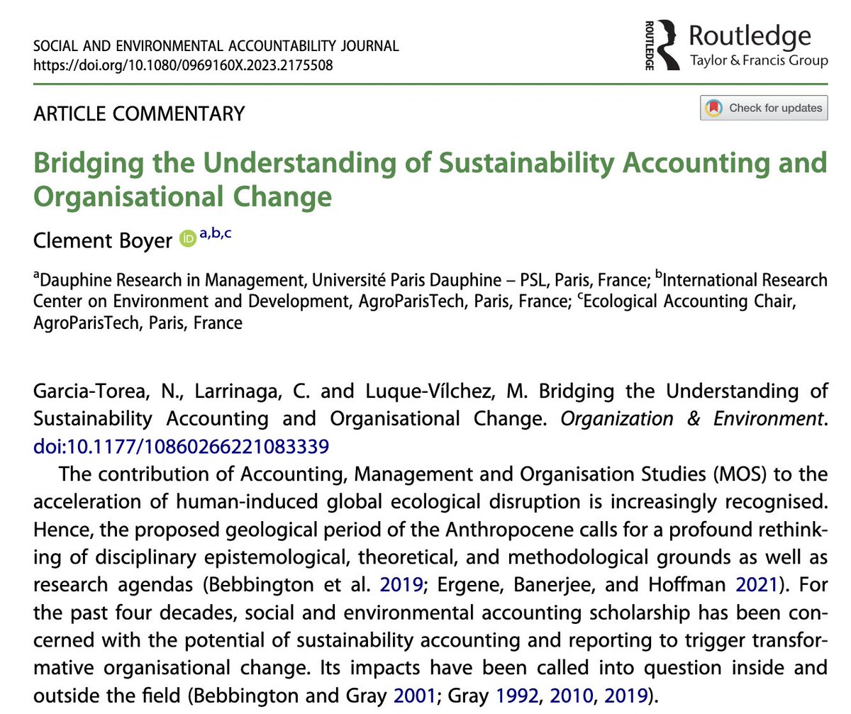Social and Environmental Accountability Journal (@journal_seaj) on Twitter photo NEW!! #SEAJ #Article Commentary - Bridging the Understanding of #Sustainability #Accounting and Organisational Change by <a href="/Clementnboyer/">Clément Boyer</a>
👉🏼 @ngtorea, <a href="/larrinaga/">Carlos Larrinaga</a>, <a href="/merluvil/">Mercedes Luque</a>
<a href="/csearUK/">CSEAR UK</a> <a href="/DauphineMost/">MOST (DRM/Dauphine)</a> <a href="/DrmDauphine/">DRM DAUPHINE</a> <a href="/Paris_Dauphine/">Université Paris Dauphine - PSL</a>
tandfonline.com/doi/full/10.10… NEW!! #SEAJ #Article Commentary - Bridging the Understanding of #Sustainability #Accounting and Organisational Change by <a href="/Clementnboyer/">Clément Boyer</a>
👉🏼 @ngtorea, <a href="/larrinaga/">Carlos Larrinaga</a>, <a href="/merluvil/">Mercedes Luque</a>
<a href="/csearUK/">CSEAR UK</a> <a href="/DauphineMost/">MOST (DRM/Dauphine)</a> <a href="/DrmDauphine/">DRM DAUPHINE</a> <a href="/Paris_Dauphine/">Université Paris Dauphine - PSL</a>
tandfonline.com/doi/full/10.10…