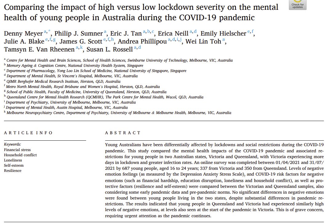 Eric Tan, PhD (@ericjtan) on Twitter photo NEW PAPER ALERT๐จ: Building on <a href="/collateproject/">The COLLATE Project</a>, we examined #youth #mentalhealth and wellbeing btw diff lockdown severities in Aus one year after #Covid19 started. A collab btw <a href="/Swinburne/">Swinburne University of Technology</a> and @QIMRBerghofer. #momentproject
Now published in <a href="/PsychiatryResJ/">Psychiatry Research Journal</a> doi.org/10.1016/j.psycโฆ NEW PAPER ALERT๐จ: Building on <a href="/collateproject/">The COLLATE Project</a>, we examined #youth #mentalhealth and wellbeing btw diff lockdown severities in Aus one year after #Covid19 started. A collab btw <a href="/Swinburne/">Swinburne University of Technology</a> and @QIMRBerghofer. #momentproject
Now published in <a href="/PsychiatryResJ/">Psychiatry Research Journal</a> doi.org/10.1016/j.psycโฆ