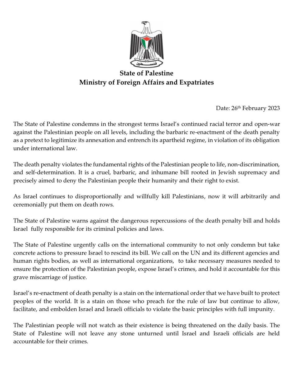 pmofa's tweet photo. The State of Palestine condemns in the strongest terms Israel’s continued racial terror and open-war against the Palestinian people on all levels, including the barbaric re-enactment of the death penalty as a pretext to legitimize its annexation; https://t.co/zfN4sI9EEG