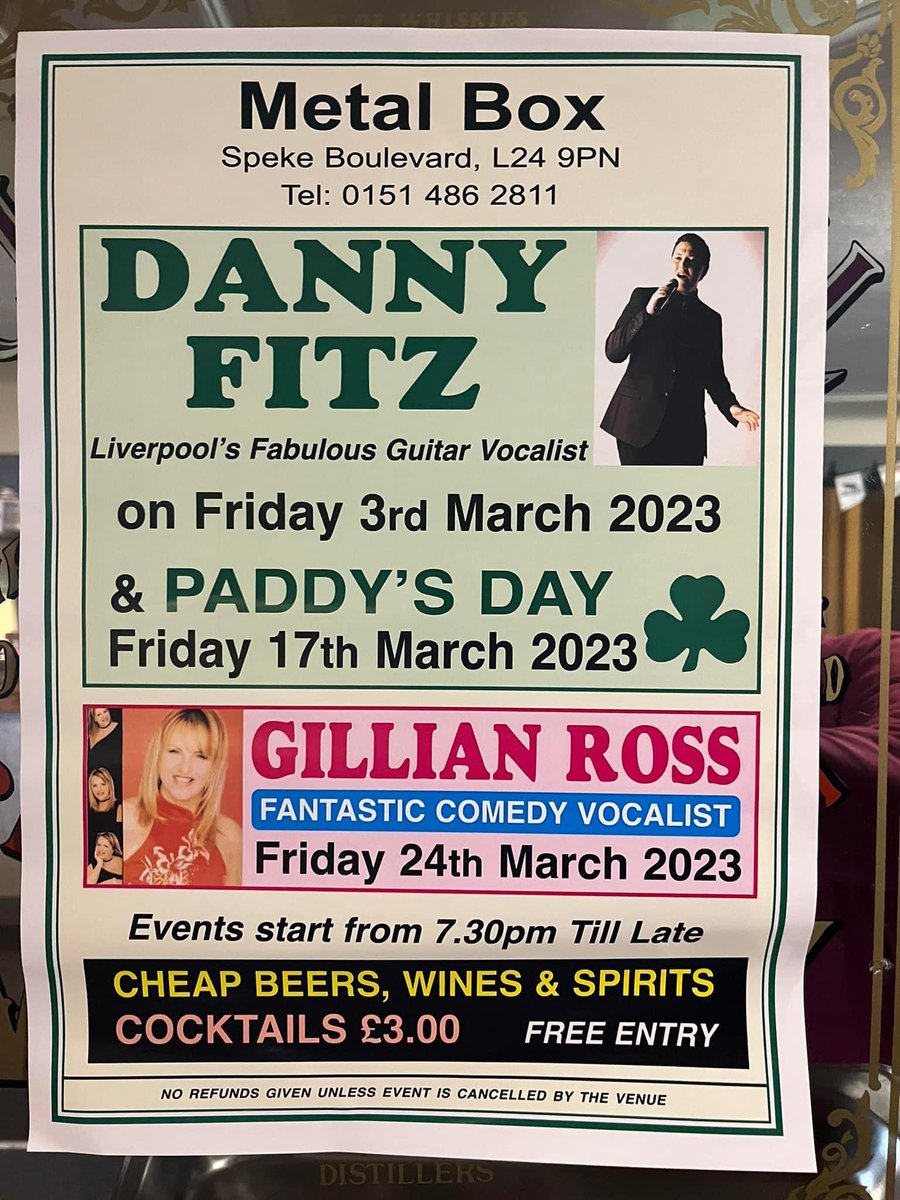 MetalboxClub's tweet photo. The start of our Friday night Live music @MetalboxClub this Friday 3rd March with Danny Fitz

Come and join us throughout March, including Paddy’s day on 17th &amp; Gillian Ross on the 24th

Also, we only have a few tickets left for Mothers Day (19th) …. When there gone, there gone! https://t.co/awOnV8Ajr1