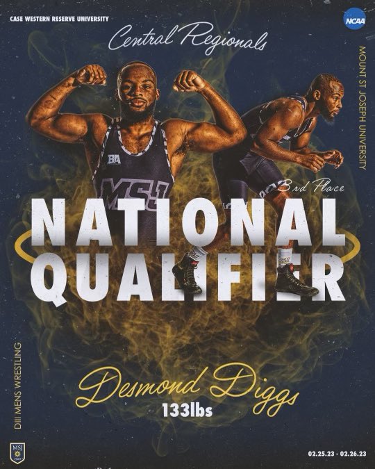Junior Desmond Diggs is now a 2023 NCAA National Qualifier after winning a 3-2 decision over Ohio Northern University. He will compete in the NCAA National Wrestling Championships March 10th and 11th #MountUp #DefendTheMount