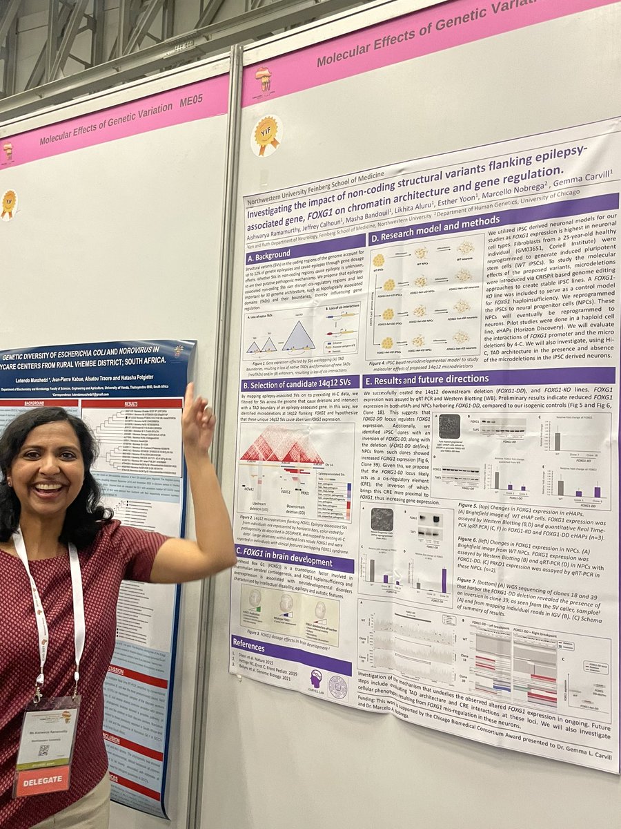 So proud of <a href="/Aish__Ram/">Aishwarya Ramamurthy</a> for winning best poster presentation <a href="/ICHG2023/">ICHG 2023 Cape Town</a> #ICHG2023 just the best to see all your hard work paying off and your exciting science being recognized! #proudPI #epilepsy #genetics #FOXG1