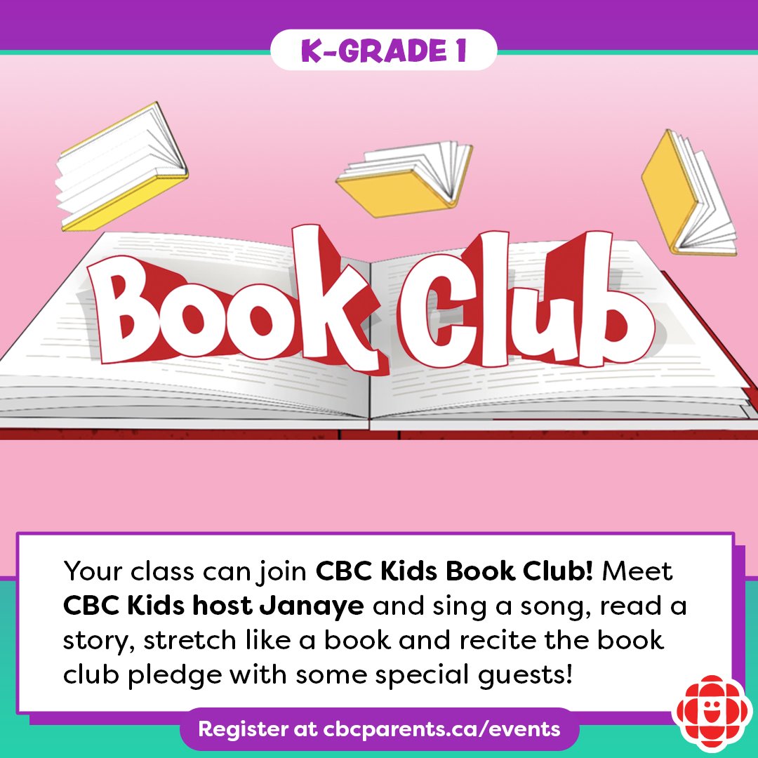 Teachers! We've got spots available this coming Tuesday for CBC Kids Book Club, a unique, 30-minute virtual school visit specifically for kindergarteners and Grade 1 students! 

Dates available:
Feb. 28
Mar. 14
Mar. 21
Mar. 28

To register: bit.ly/3ljdIwr
