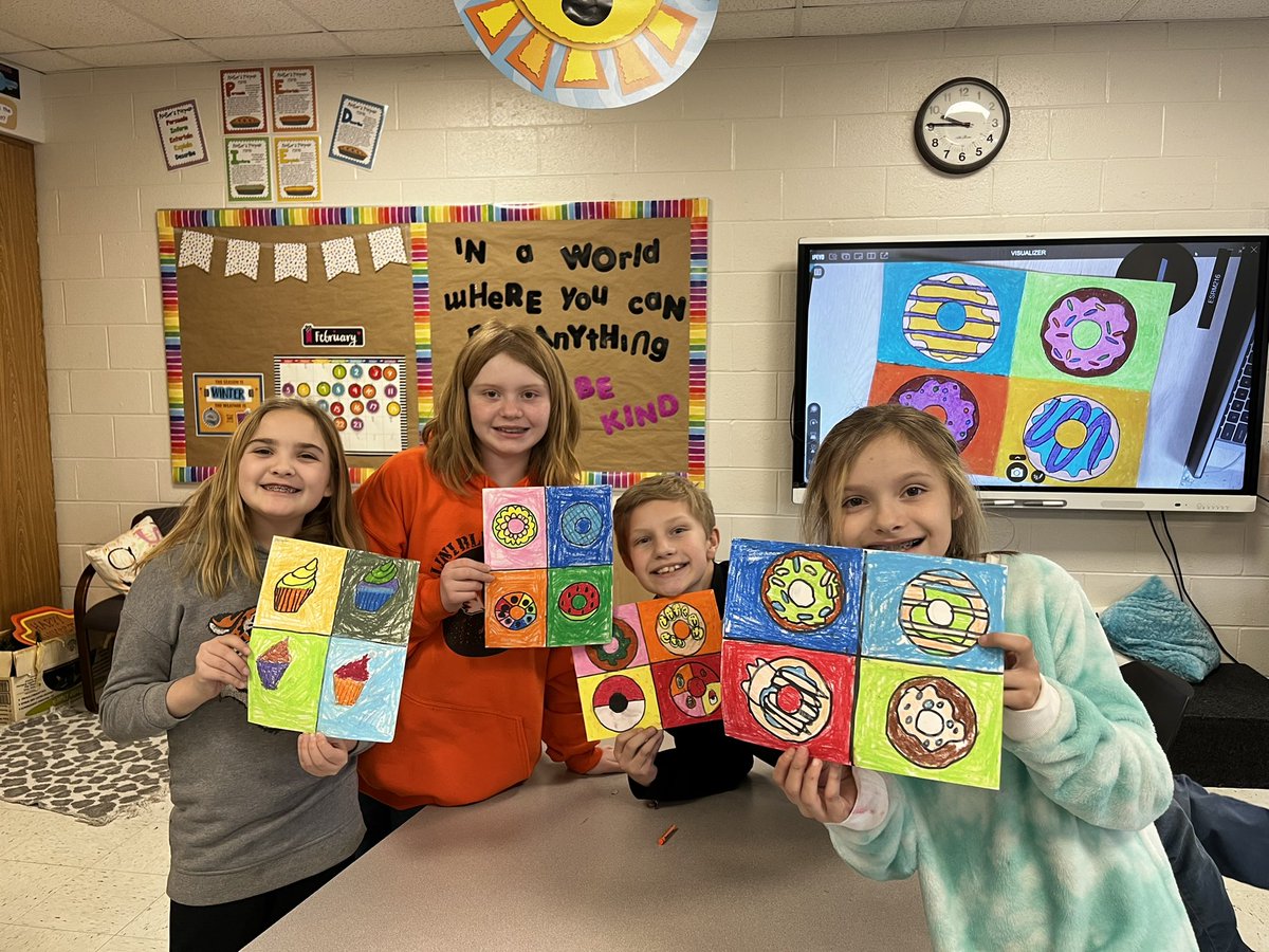 mrsroberts4b's tweet photo. A fun Friday afternoon of picture person learning about the artwork of Andy Warhol! Thank you picture moms! #ibtigerpride https://t.co/nnIisRpIX0