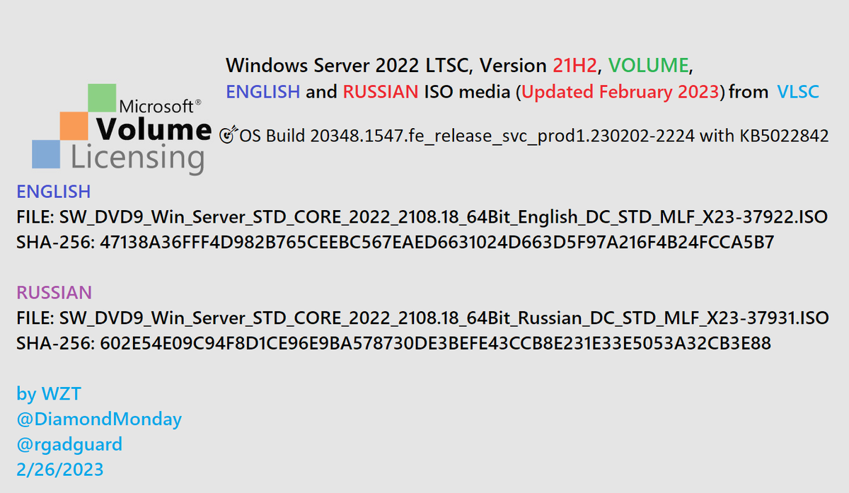 WZorNET's tweet photo. 😻📢February 26, 2023 - We added 2 NEW ISO's from #VLSC https://t.co/2sJx48boD1 #ENGLISH/#RUSSIAN, (#UpdatedFebruary2023), Windows Server 2022 #LTSC, Version #21H2, #VOLUME, to WZT cloud👨💻���https://t.co/UPAH2F0H5S
👁️by W.Z.T
🕵️♂️@DiamondMonday https://t.co/4sxlAYR1cT