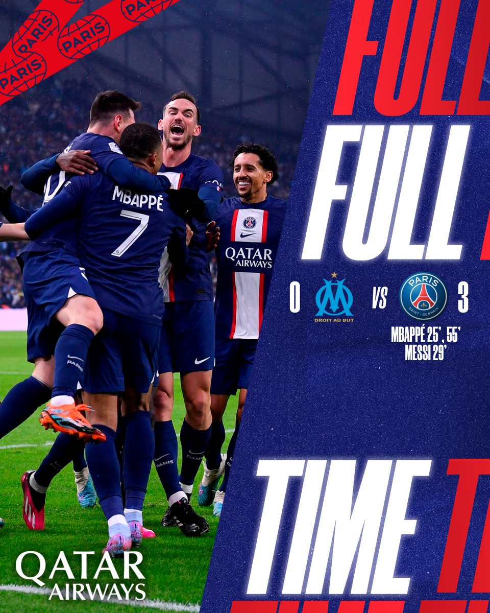PSG_inside's tweet photo. ⌛️ C'est fini à Marseille ! Nos Parisiens remportent #LeClassique et décrochent les 3 points ! ❤️💙

⚽️ @KMbappe 25', 55' 
⚽️ Messi 29' 

0-3 I #OMPSG I #LeClassique https://t.co/7SVOORbOEm
