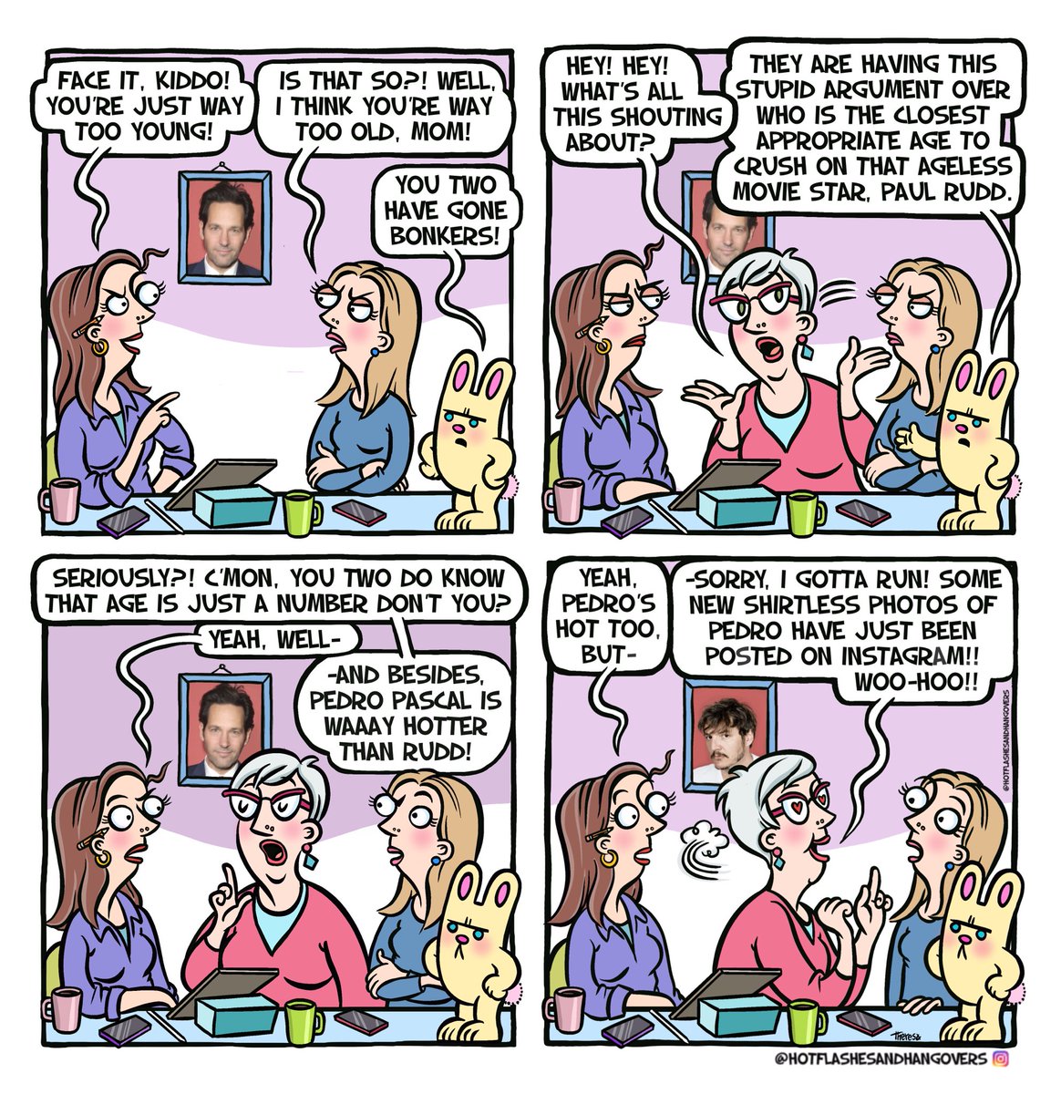 Today we will look at Multi-Generational Celebrity Crushes!
Someone warn the Mandalorian, that Grandma Margo has her eyes on him!
More hot celebs (maybe) at: instagram.com/hotflashesandh…

#funnycomic #comicoftheday #webcomicartist #paulrudd #pedropascal #mandalorian