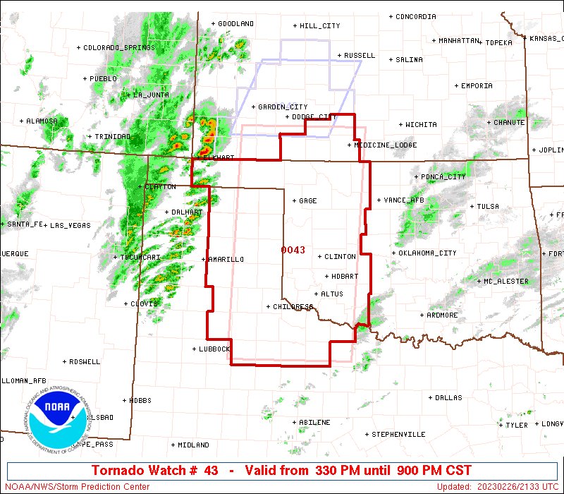 3:34pm CST #SPC_Watch WW 43 TORNADO KS OK TX 262130Z - 270300Z, #kswx #okwx #txwx, spc.noaa.gov/products/watch…