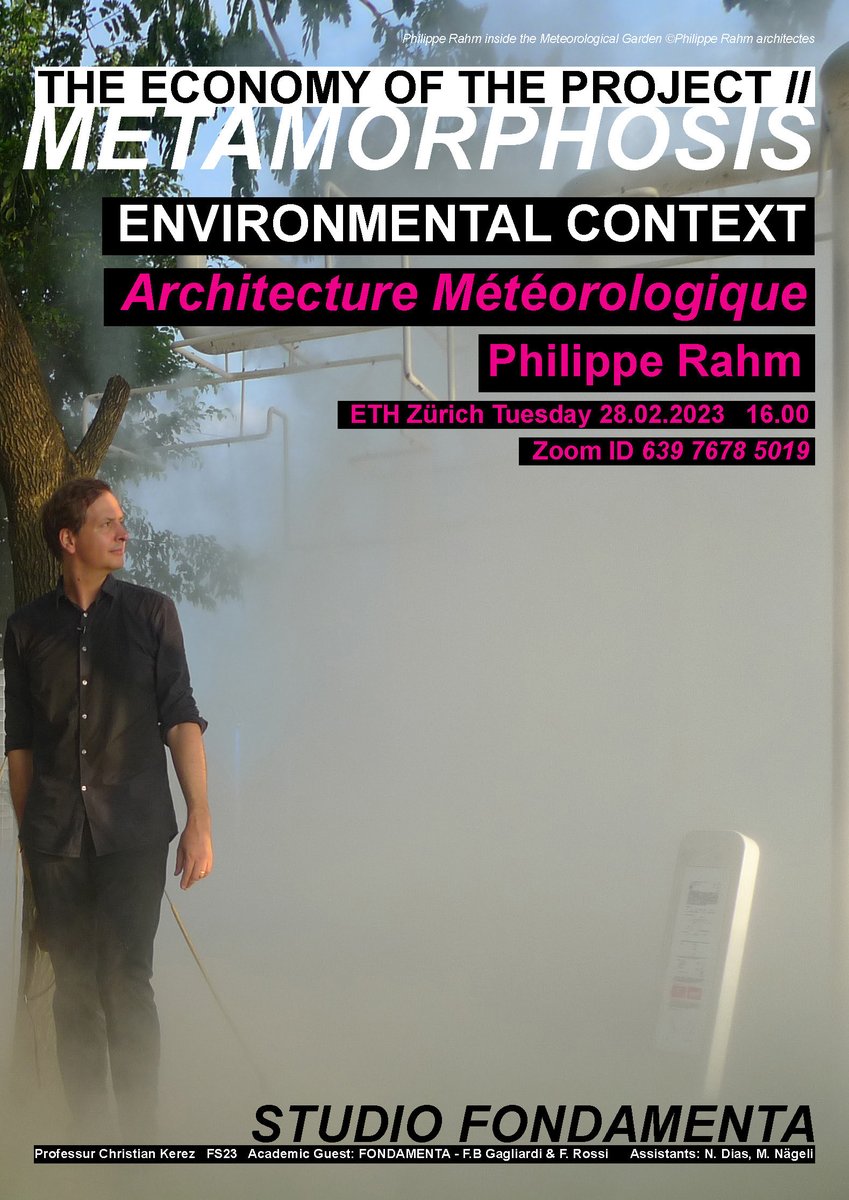 Philippe Rahm will give a lecture at the ETH ZURICH 
Tuesday 28 Feb 2023 at 4:00 PM
Join us online on ZOOM, Zoom Meeting ID: 639 7678 5019

ethz.ch/en/news-and-ev…