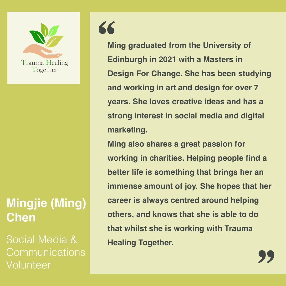 🙌 Meet the team 🙌

Hope everyone had a wonderful week! 

This week let’s meet Ming, our social media and communications volunteer!

#charity #psychology #trauma #healing #healingtrauma #positivevibes #charityorganization #mentalhealth #mentalhealthawareness