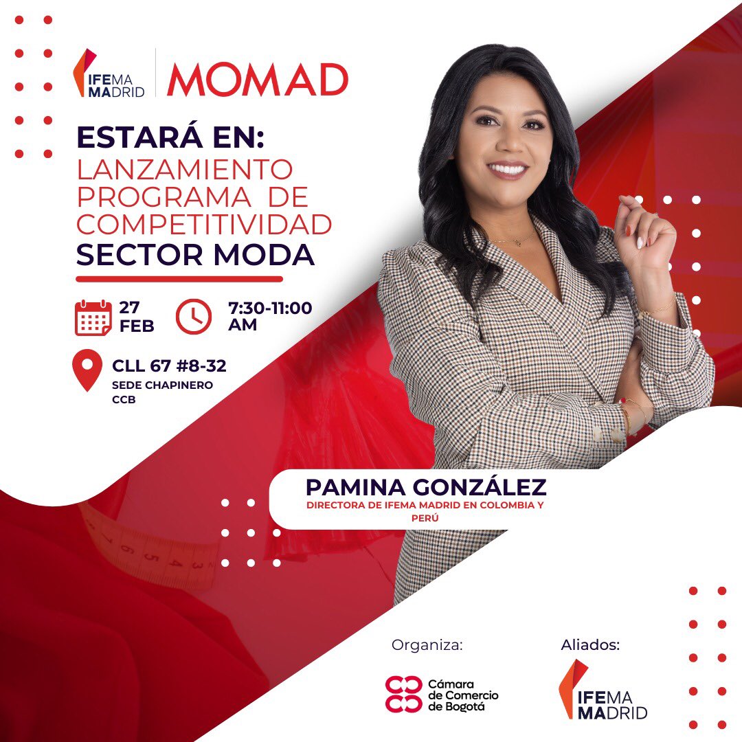 paminagonzalez's tweet photo. Mañana estaré con mis amigos de la @camaracomerbog participando en el lanzamiento del Programa de Competitividad del Sector #Moda de la @camaracomerbog.
Un placer para @MOMADMadrid by @IFEMA ser un aliado del #ClusterModa de la #CCB 🇪🇸❤️🇨🇴 https://t.co/8fNVgQU4rc
