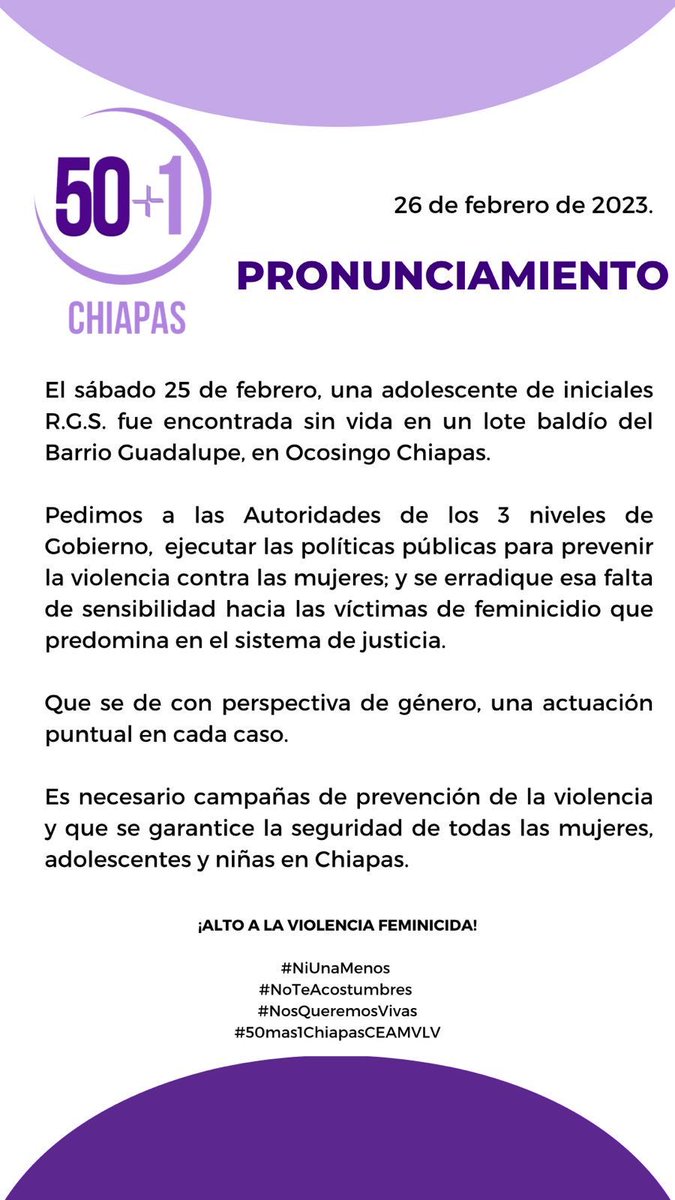 Se registra el 5to #Feminicidio en #Chiapas 

Una adolescente de iniciales R.G.S. fue encontrada sin vida en un lote baldío del Barrio Guadalupe, en Ocosingo #Chiapas. 

Exigimos: ¡JUSTICIA para TODAS! 

#NiUnaMenos 
#NoTeAcostumbres 
#NoNormalices 
#ViolenciaFeminicida