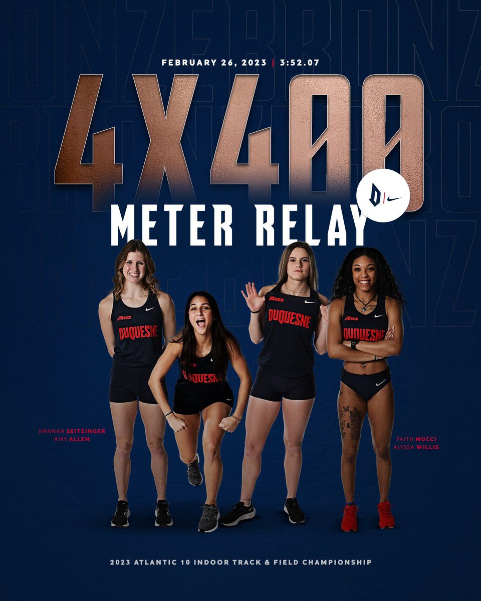 DuqXCTF's tweet photo. Amy Allen, Alyssa Willis, Faith Mucci, and Hannah Seitzinger earn 🥉 in the 4x400M Relay! 

𝐓𝐈𝐌𝐄: 3:52.07

#GoDukes | #A10WITF https://t.co/rCGa1EZY68
