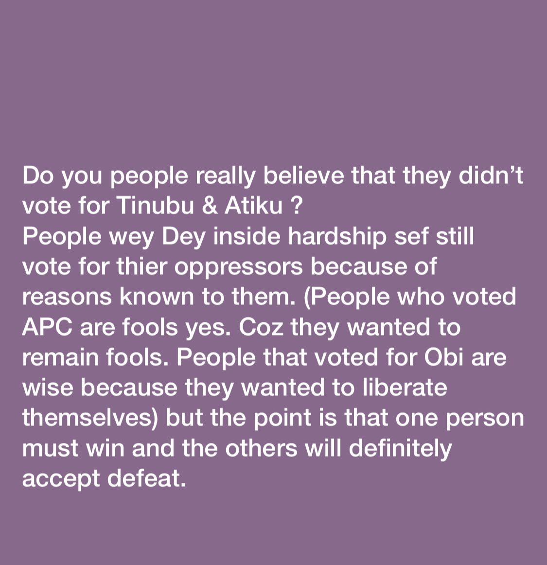 Fowowea1's tweet photo. We should apply senses even in our logics. We l should be mediocre in our reasonings #ElectionResult #NigeriaElections2023 #NigeriaElections2023 #Inecresults https://t.co/kLkySxSU9m