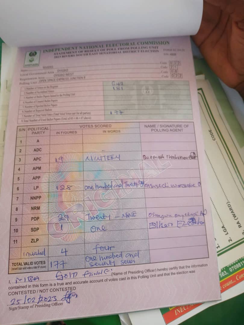 comradephils's tweet photo. Oyigbo, Rivers state... 

I post only original copies of signed results. 

@NgLabour @PeterObi
@inecnigeria

#INECIsCorrupt #incestohermanos #Inecresults #inecnigeria https://t.co/vTmLFilMop