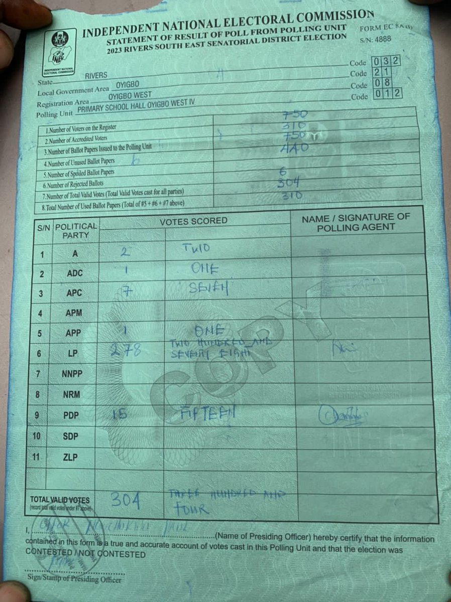 comradephils's tweet photo. Oyigbo, Rivers state... 

I post only original copies of signed results. 

@NgLabour @PeterObi
@inecnigeria

#INECIsCorrupt #incestohermanos #Inecresults #inecnigeria https://t.co/vTmLFilMop