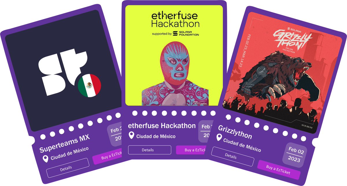 avsolem's tweet photo. Mi equipo y yo desarrollamos EzTicket 🔥 🎟️ https://t.co/JDIGy9BJOT pueden ir al apartado de Candy Machine🍬  y reclamar EzTickets 🎫  conmemorativos del evento :B quedan muy poquitos, asi que corran @etherfuse @SuperteamMexico 
#EtherfuseHackathon #Solanamos #Grizzlython 🤖💻 https://t.co/42HHU6epCb