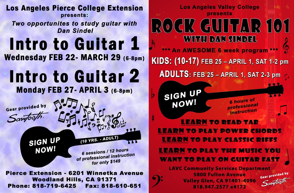 Classes have started at both <a href="/PierceCollegeCA/">Pierce College</a>  and <a href="/LAValleyCollege/">LA Valley College</a> in LA area but you can still sign up and learn. The classes are endorsed by <a href="/SawtoothGuitars/">Sawtooth</a> and helping foster music education

 #guitar #music #education