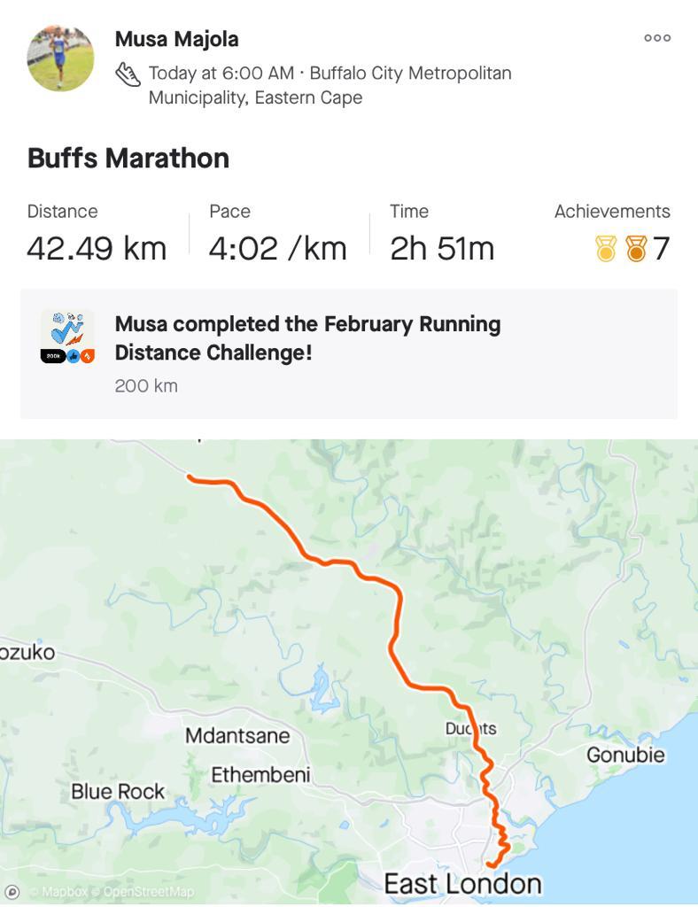 musa_majola's tweet photo. Weekend well spent at East London. π€π
#EasyRunners #BuffsMarathon #PBSmashed https://t.co/SoDy6NzNQk