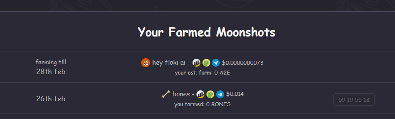 Moonshots Farm (formerly Squirrel) (@moonshotsfarm) on Twitter photo Our moonshots weekly $BONES farming has now ended, so you can see how many your $CAKE (or $BANANA & $BSW) farmed over past 2 days! π§βπΎ
Next moonshot selected by community to farm is
<a href="/heyflokiai/">HeyFlokiAi - Natural Language Processing</a>'s #A2E token! πΈ #bsc
π moonshots.farm ππ FARM NOW Our moonshots weekly $BONES farming has now ended, so you can see how many your $CAKE (or $BANANA & $BSW) farmed over past 2 days! π§βπΎ
Next moonshot selected by community to farm is
<a href="/heyflokiai/">HeyFlokiAi - Natural Language Processing</a>'s #A2E token! πΈ #bsc
π moonshots.farm ππ FARM NOW