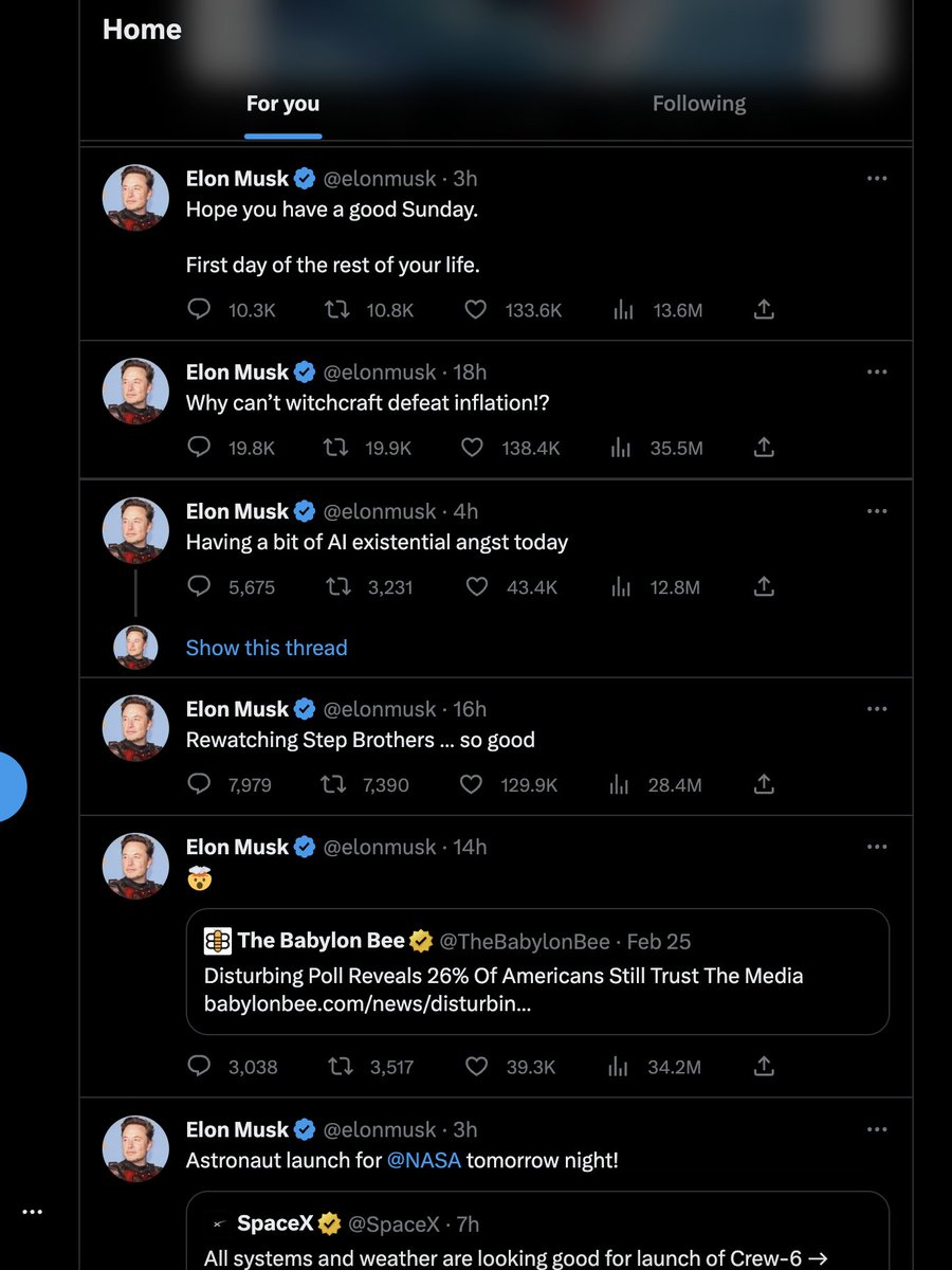 noahapicard's tweet photo. Guess who got VIP access to the "Promote Elon's Tweets" experiment group! 👀

(I follow 327 people. This is my For You feed today) https://t.co/LRUnO6Issc