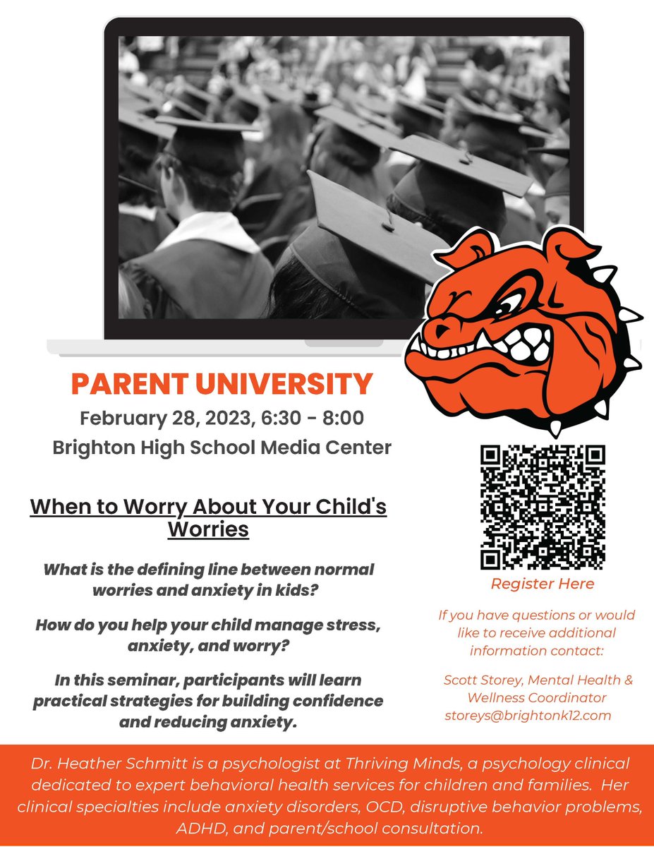 Parent University "When to Worry About Your Child's Worries"

Join us as Dr. Heather Schmitt, PHD, will be sharing practical strategies for building confidence and reducing anxiety.  

Feb 28, 2023, 6:30 - 8
BHS Media Center

Register below:
docs.google.com/forms/d/e/1FAI…