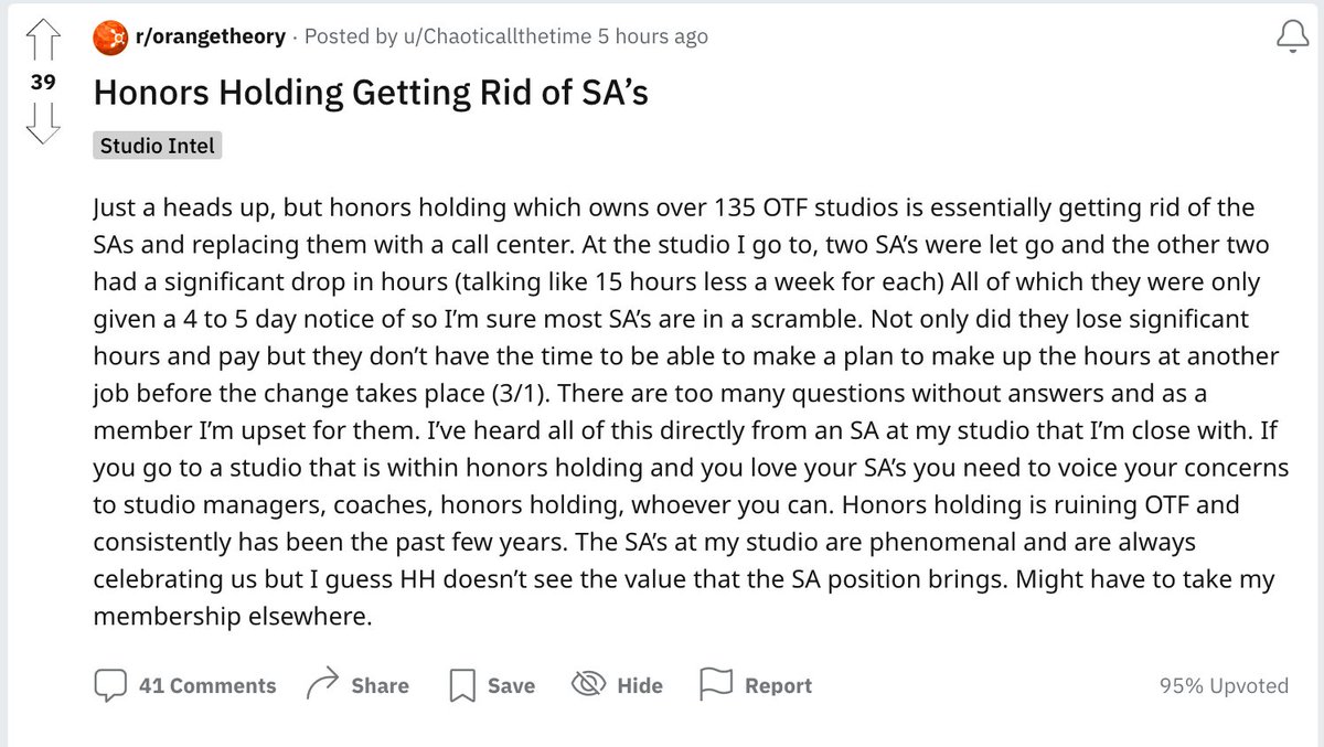<a href="/orangetheory/">Orangetheory Fitness</a> <a href="/YahooFinance/">Yahoo Finance</a> <a href="/OTFDaveLong/">David Long</a> @juliehyman Love your workout. 

Do you have any official comment on this development where Honors Holdings plans to get rid of SAs?