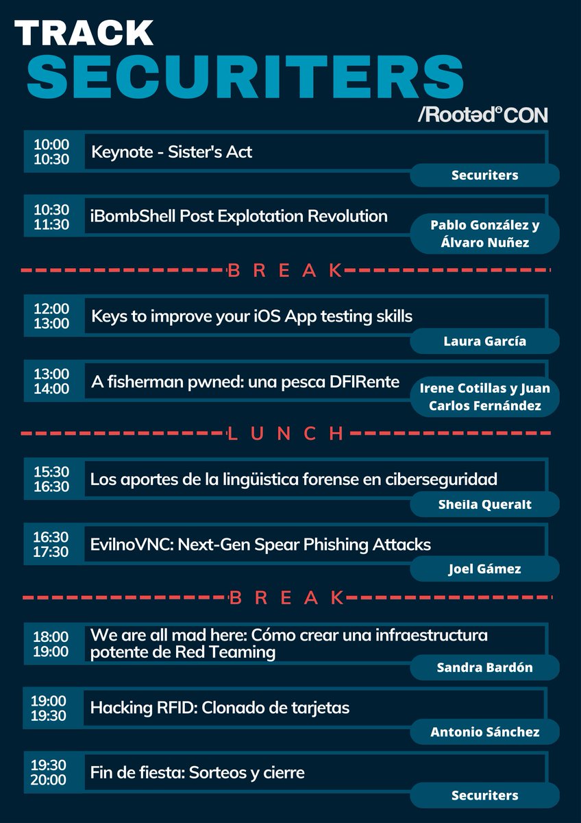 Securiters (@securiters) on Twitter photo Llegó el momento... AGENDA publicada en 3, 2, 1...
Bienvenidos al track de Securiters en <a href="/rootedcon/">/RootedCON</a>
¡Que comience el espectáculo!
Y que nadie se pierda la Keynote (primer aviso, que luego habrá lloros) Llegó el momento... AGENDA publicada en 3, 2, 1...
Bienvenidos al track de Securiters en <a href="/rootedcon/">/RootedCON</a>
¡Que comience el espectáculo!
Y que nadie se pierda la Keynote (primer aviso, que luego habrá lloros)