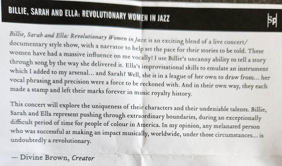 Simply fabulous show at Soulpepper:  "Billie, Sarah and Ella:  Revolutionary Women in Jazz," created by Divine Brown (<a href="/db432hz/">Divine Brown db432hz</a> ).  Just gorgeous music and social teaching.  GO and see this!
