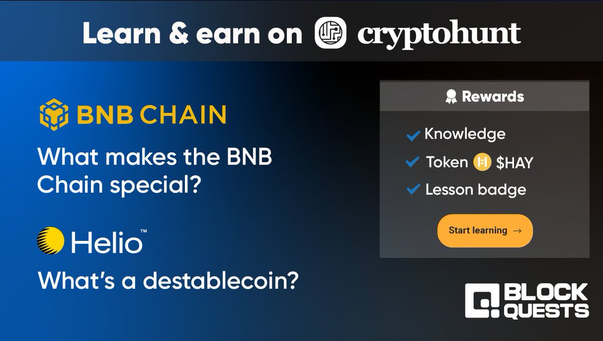 BlockQuests_xyz's tweet photo. New learn-to-earn course by @cryptohunt_it!

✅ Learn how the @BNBCHAIN sets itself apart.
✅ Learn how @Helio_Money lets you borrow and earn by providing BNB as collateral.

Rewards ⭐️: Earn free $HAY for learning! 

https://t.co/OmynBV7svJ https://t.co/EosIfqNGxM